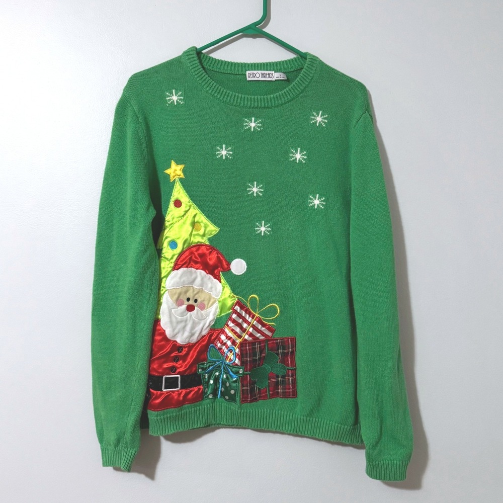 Vintage Retro Threads Christmas Sweater Grandma Embroidered Santa Tree Presents